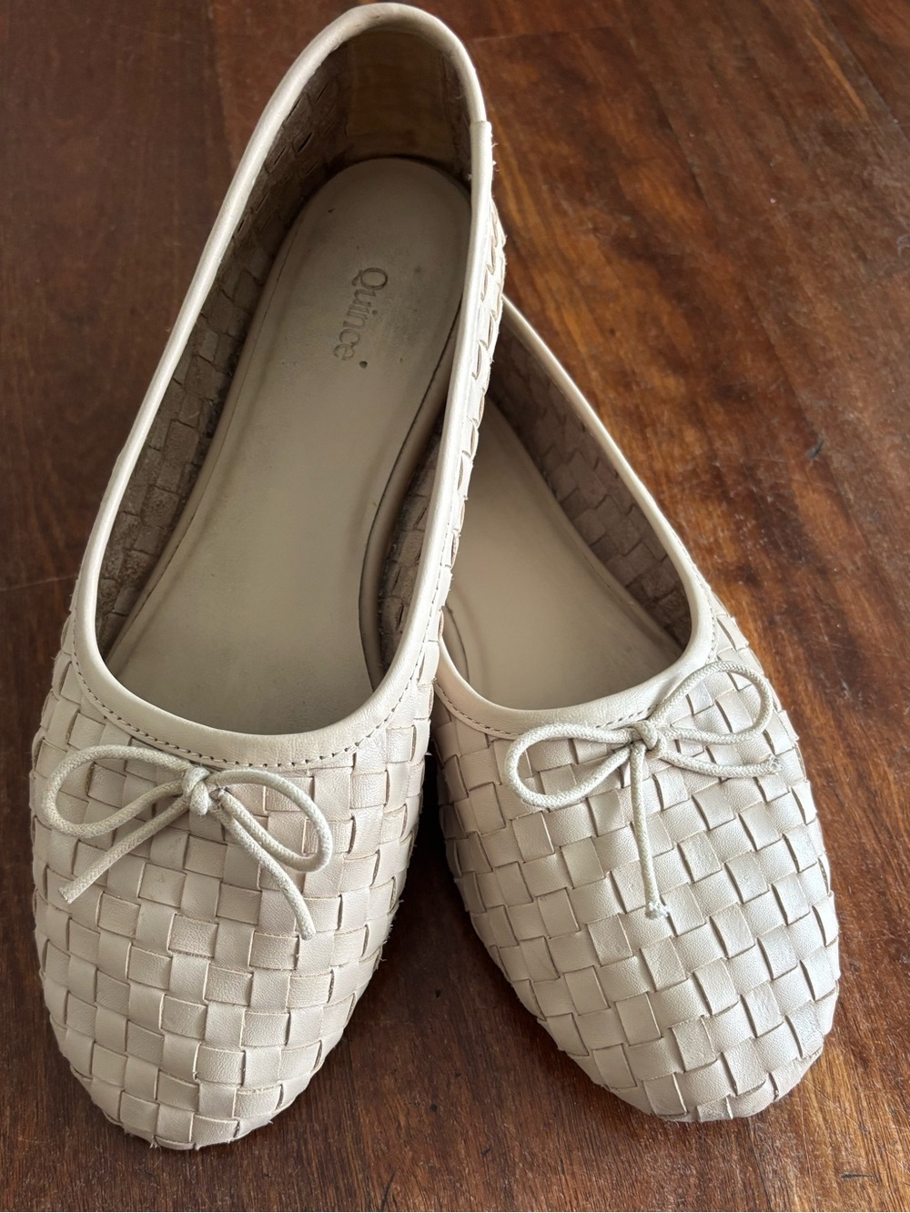 Quince Cream Woven Leather Ballet Flats with Bow Accent